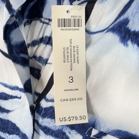 Chicos Blue Animal Print Button Down Blouse Size 3‎ (XL 16/18) Long Sleeve NWT - Picture 4 of 13